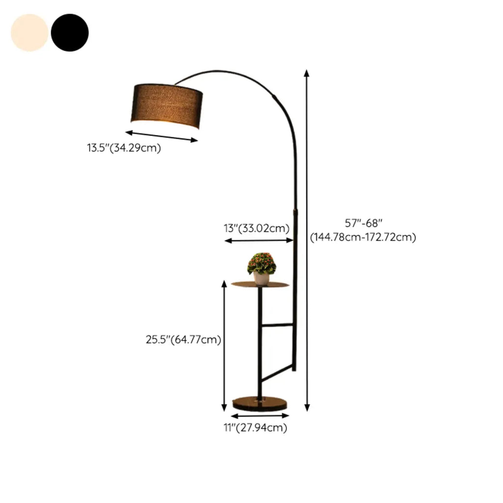 Modern Fabric Drum Shade Adjustable Arc Floor Lamp with Table