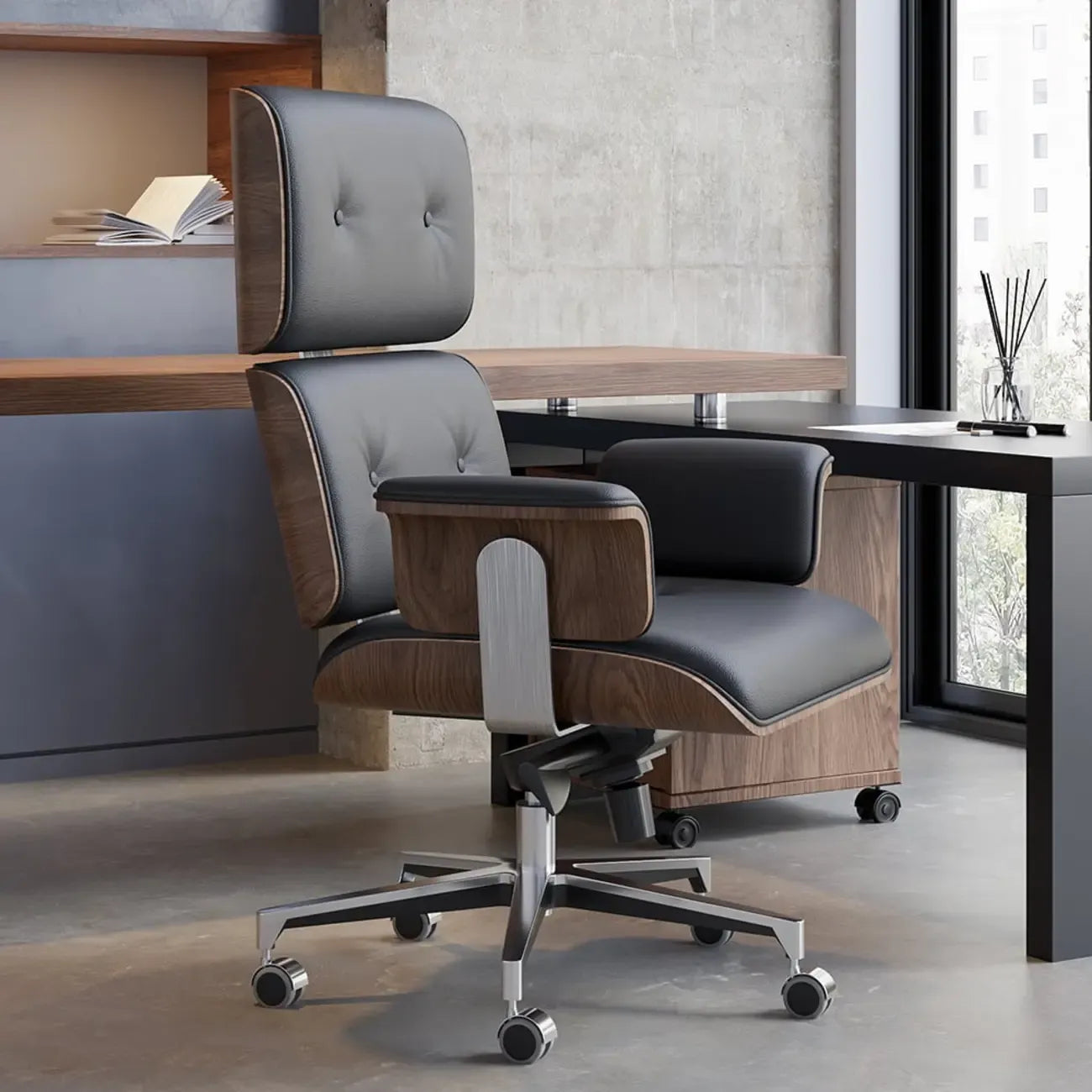 Modern Wood Leather Adjustable Swivel Black Executive Chair