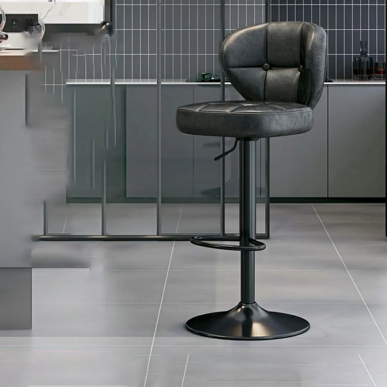 Modern Square Tufted Faux Leather Adjustable Swivel Bar Stools