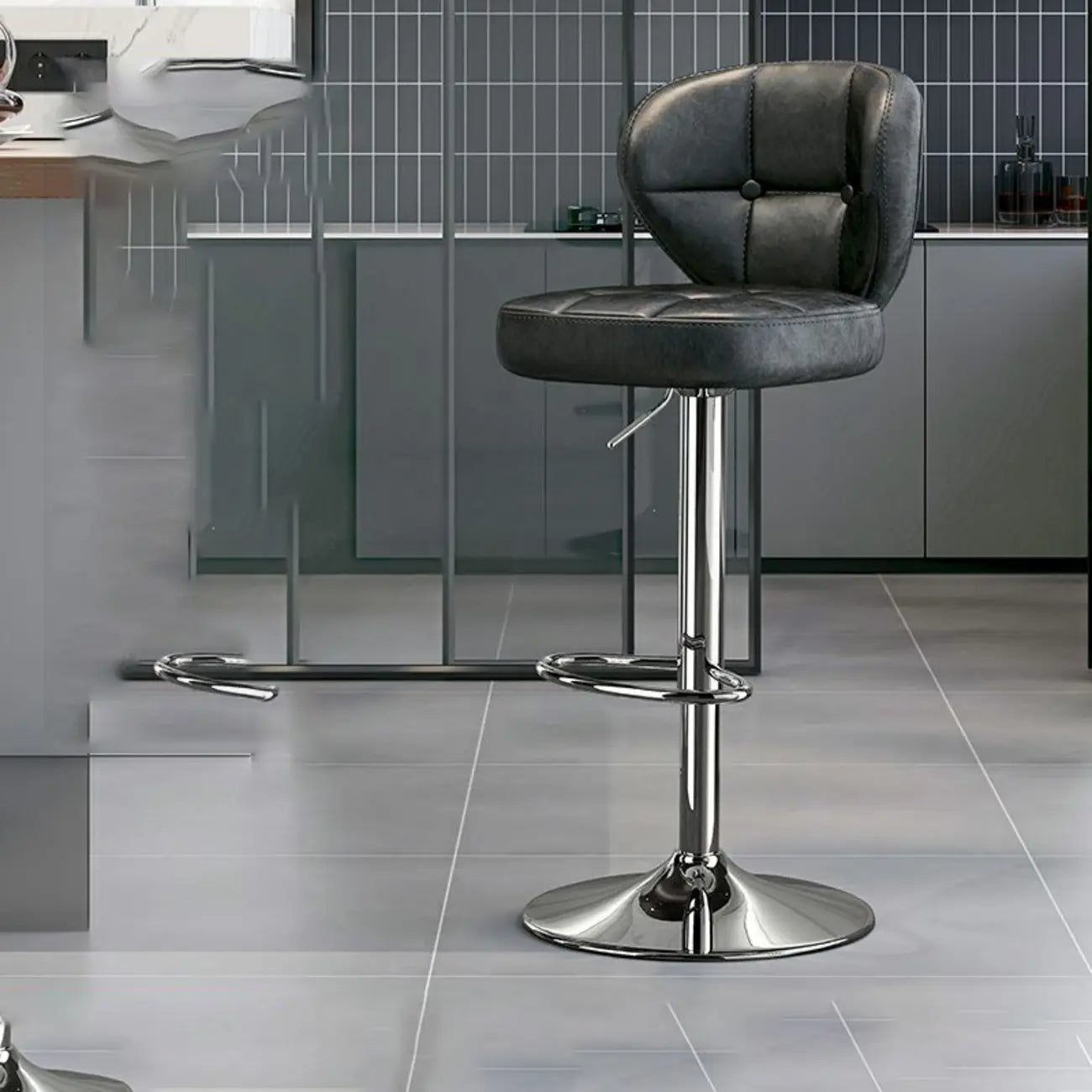 Modern Square Tufted Faux Leather Adjustable Swivel Bar Stools