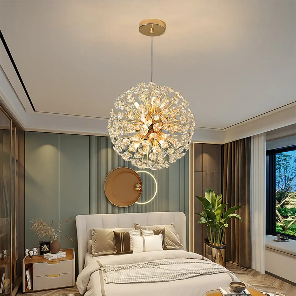 Adjustable Height Gold Crystal Globe Starburst Chandelier