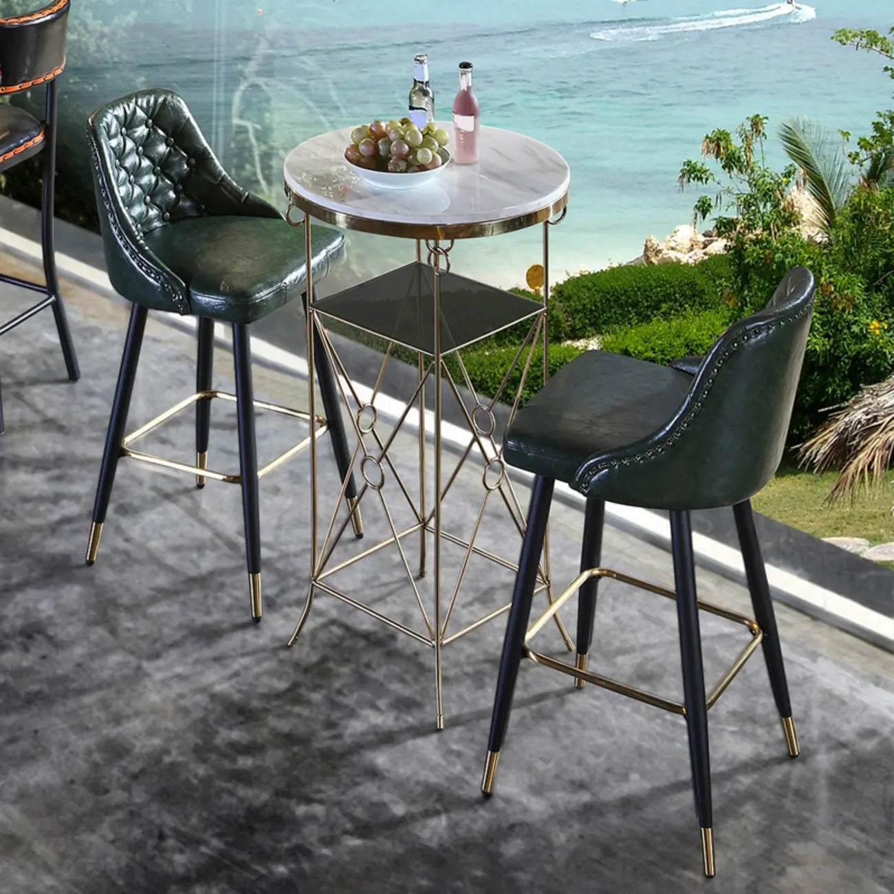 Glam Tufted Green Leather Seat Curved Back Counter Bar Stools