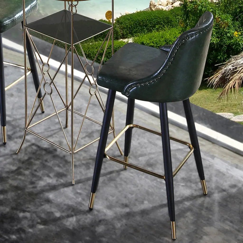 Glam Tufted Green Leather Seat Curved Back Counter Bar Stools