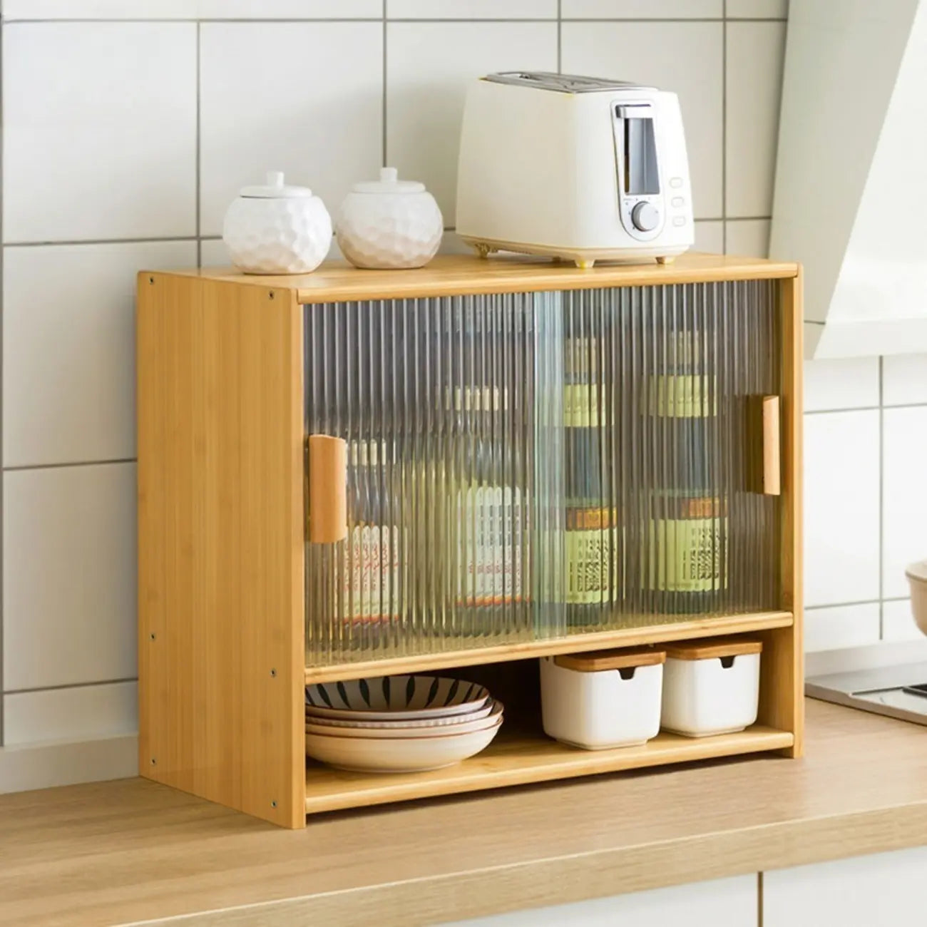 Bamboo Glass Door Display Cabinet for Kitchen