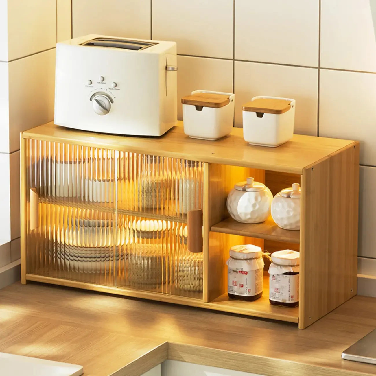Bamboo Glass Door Display Cabinet for Kitchen