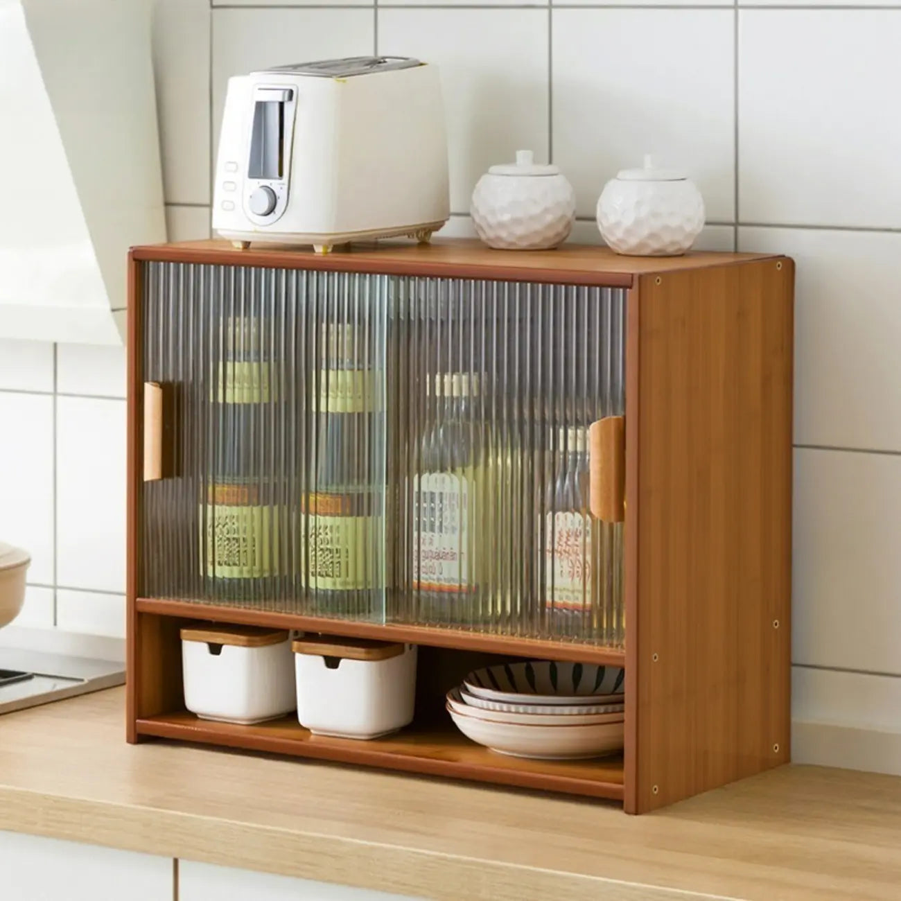 Bamboo Glass Door Display Cabinet for Kitchen