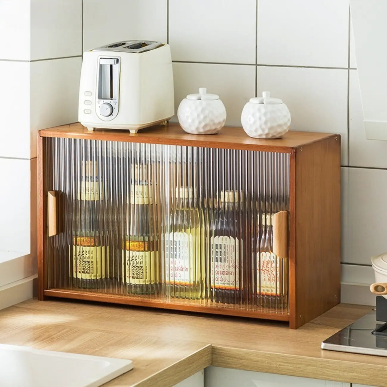 Bamboo Glass Door Display Cabinet for Kitchen