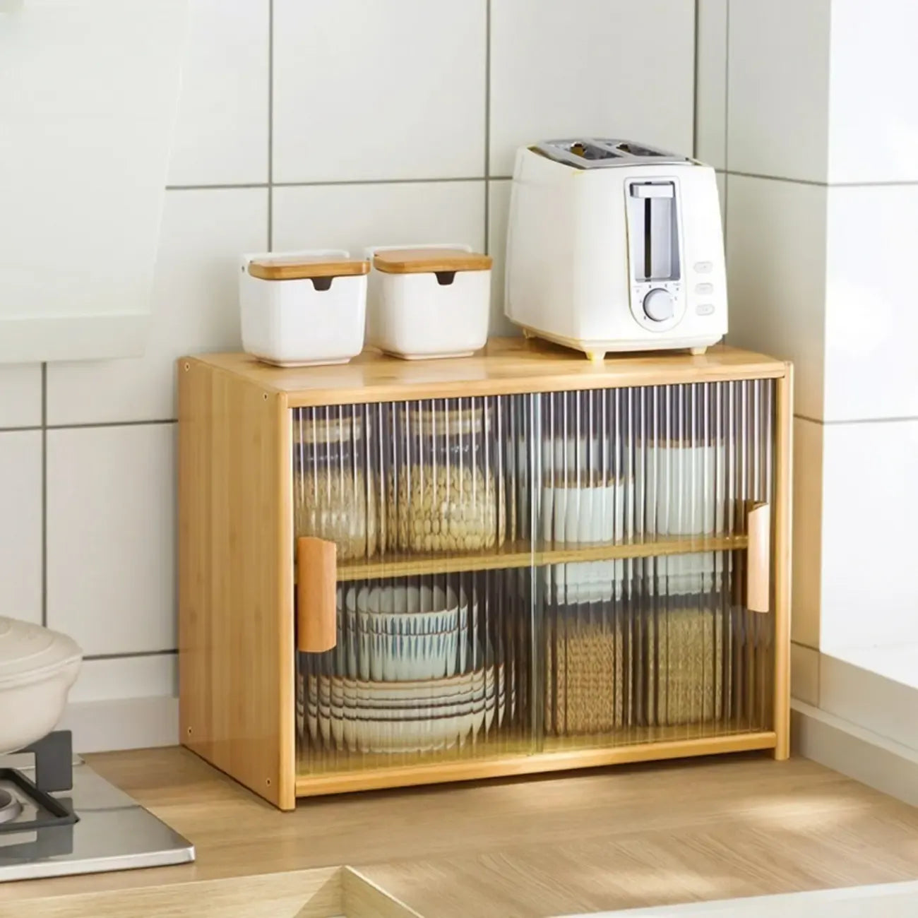 Bamboo Glass Door Display Cabinet for Kitchen