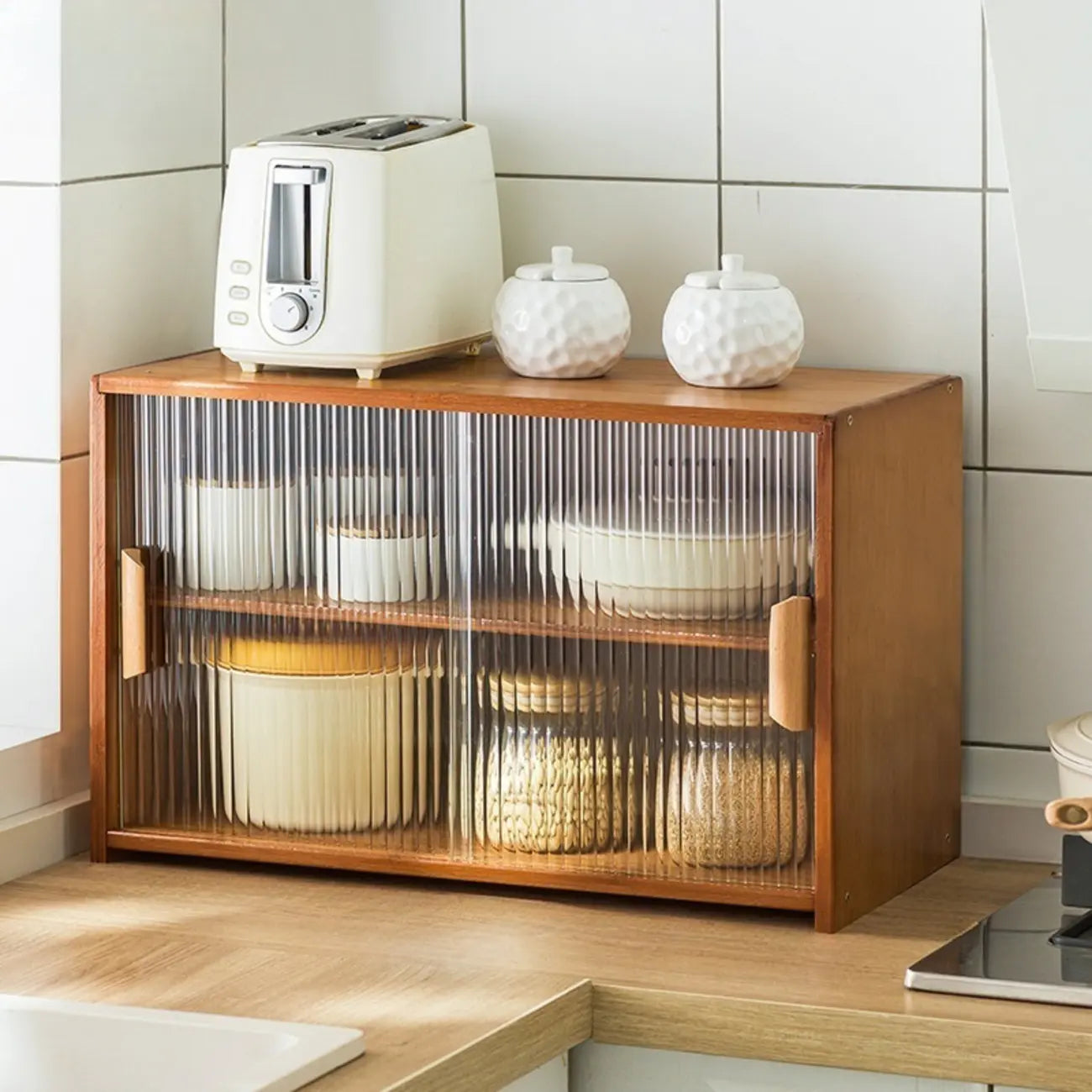 Bamboo Glass Door Display Cabinet for Kitchen