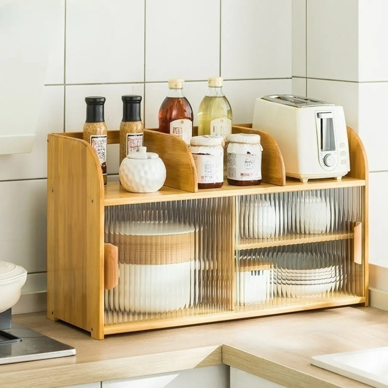 Bamboo Glass Door Display Cabinet for Kitchen