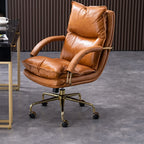 Brown Genuine Leather Ergonomic Wheeled Office Chair