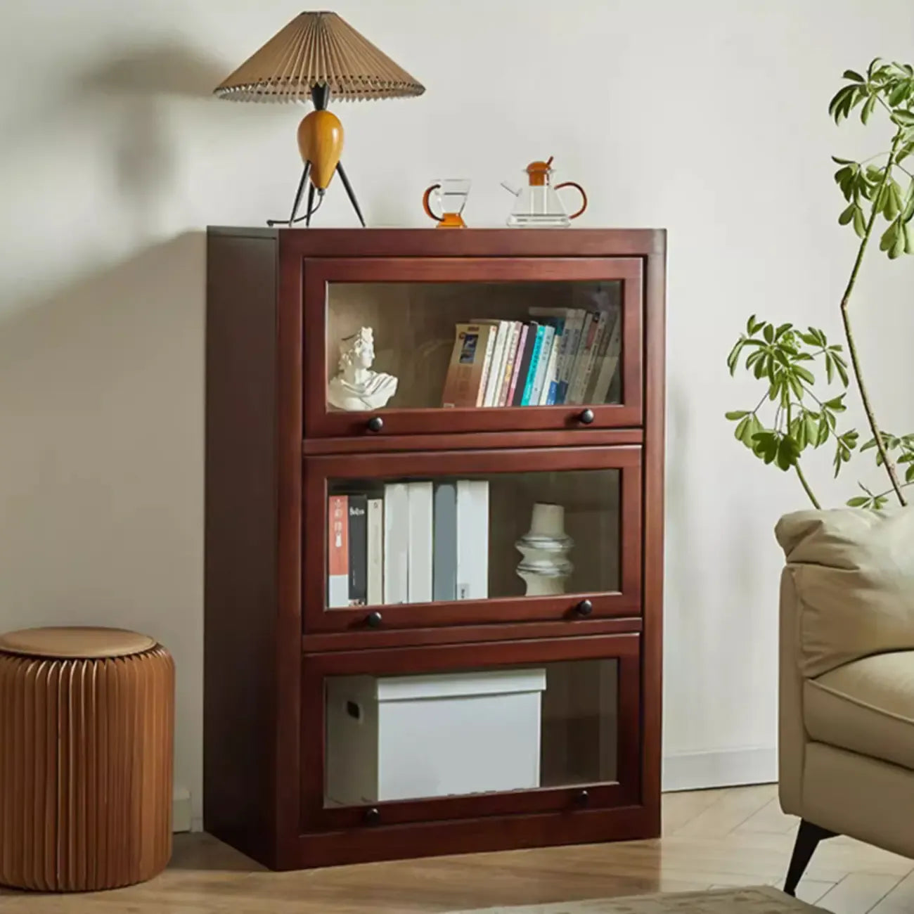 Classic Brown Wooden Flipped Glass Storage Cabinet
