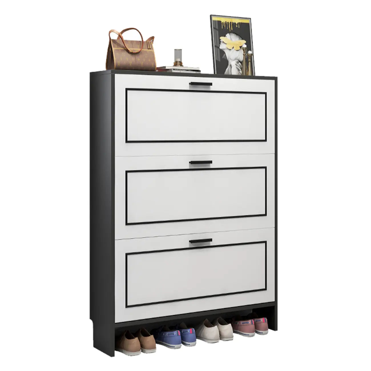 3-Tier Black Drop-Front Entryway Shoe Storage Cabinet