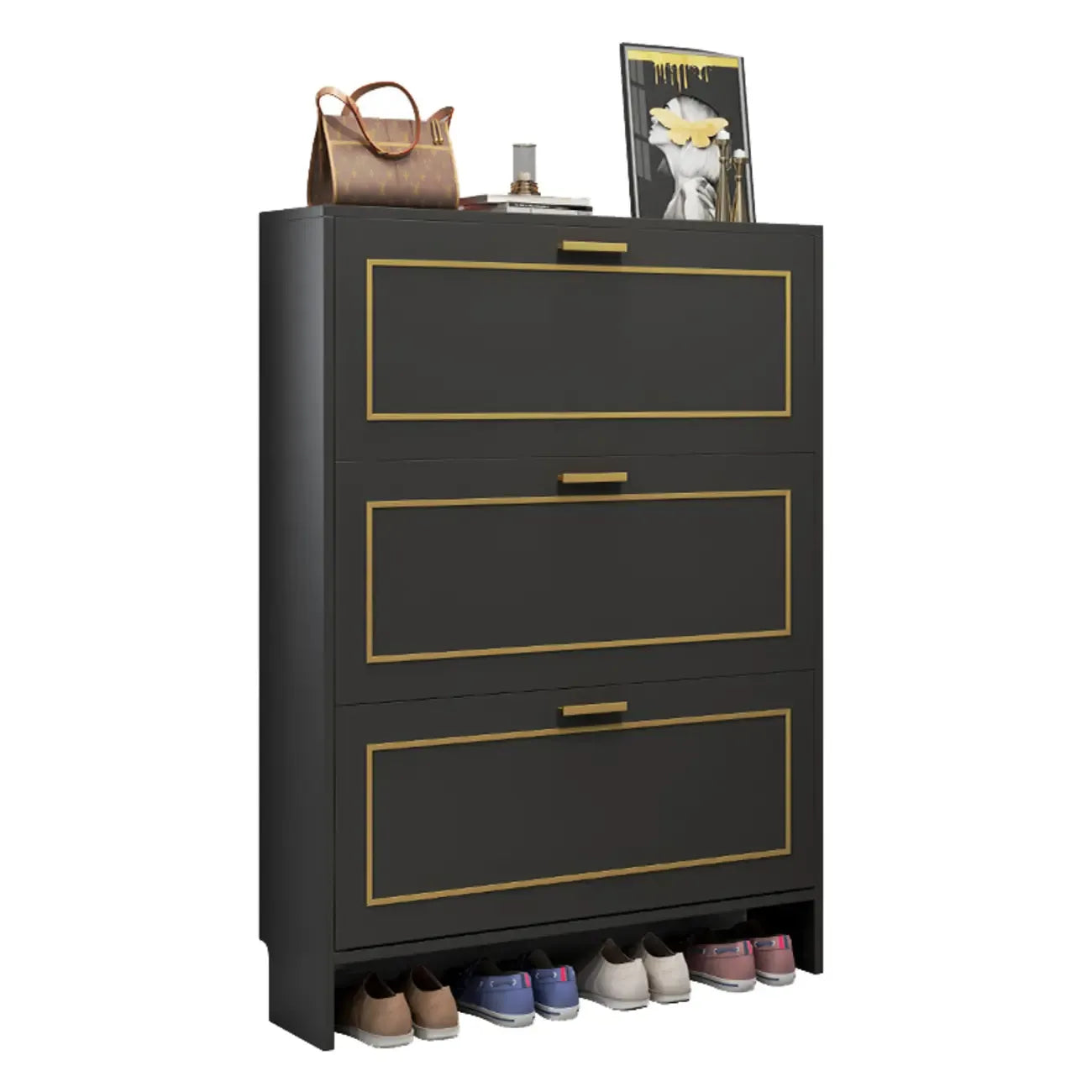 3-Tier Black Drop-Front Entryway Shoe Storage Cabinet