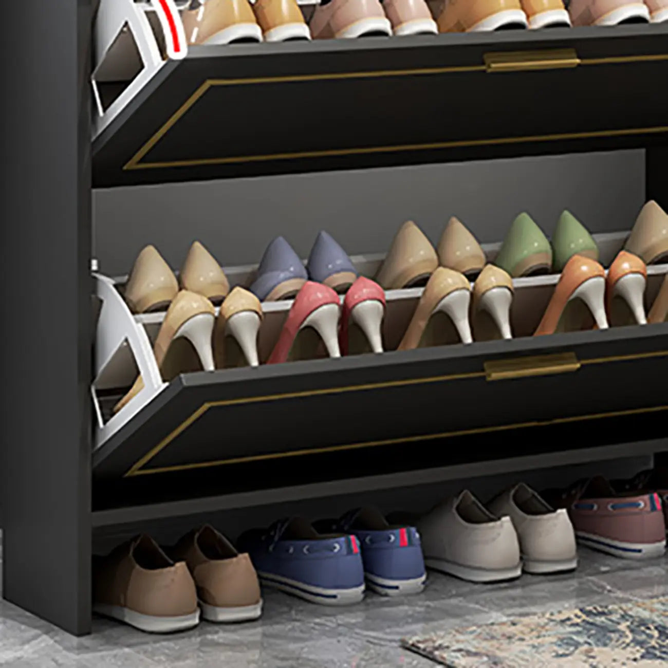 3-Tier Black Drop-Front Entryway Shoe Storage Cabinet