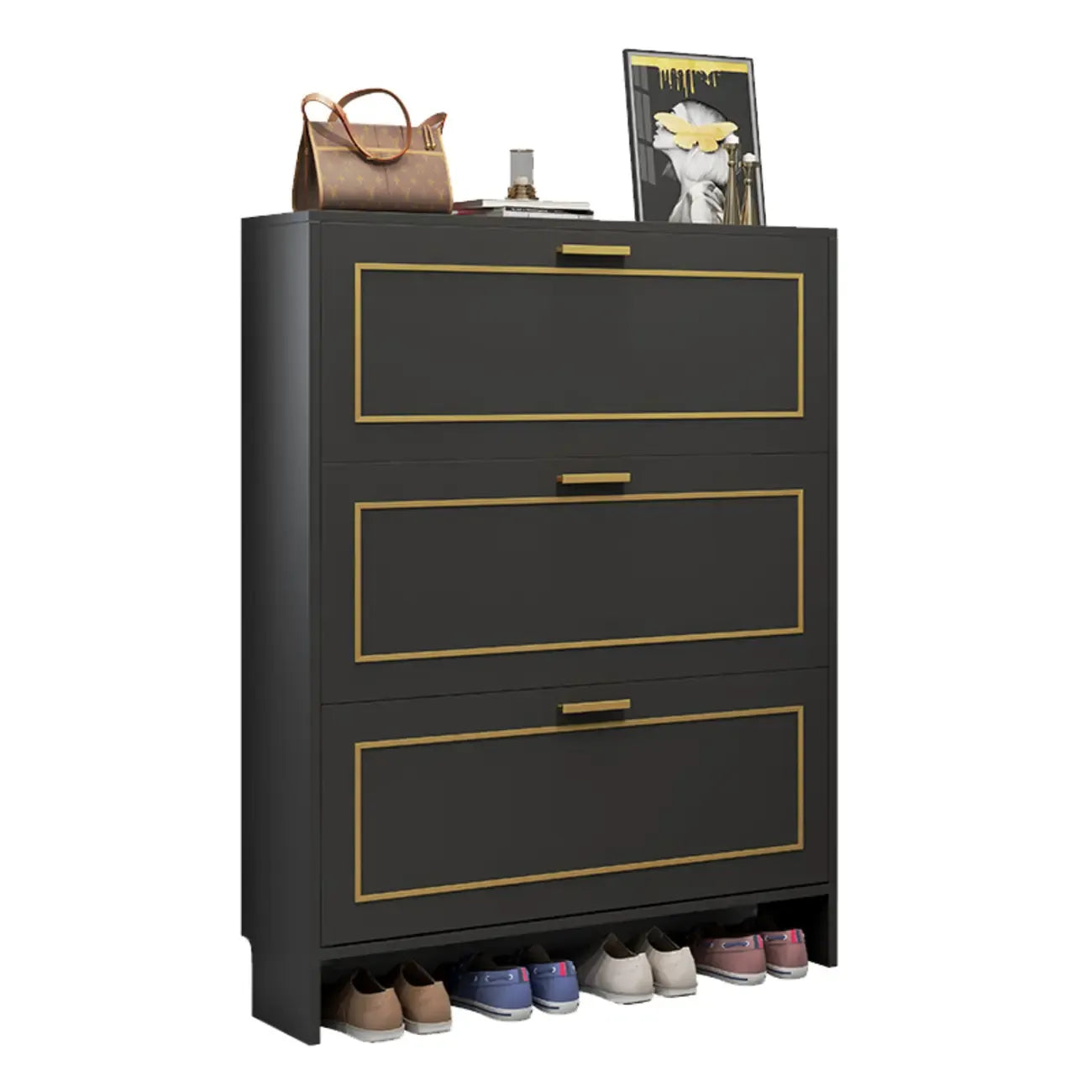 3-Tier Black Drop-Front Entryway Shoe Storage Cabinet