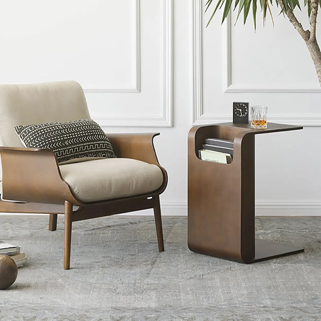 Convertible C-Shaped Walnut Wood Side Table with Storage