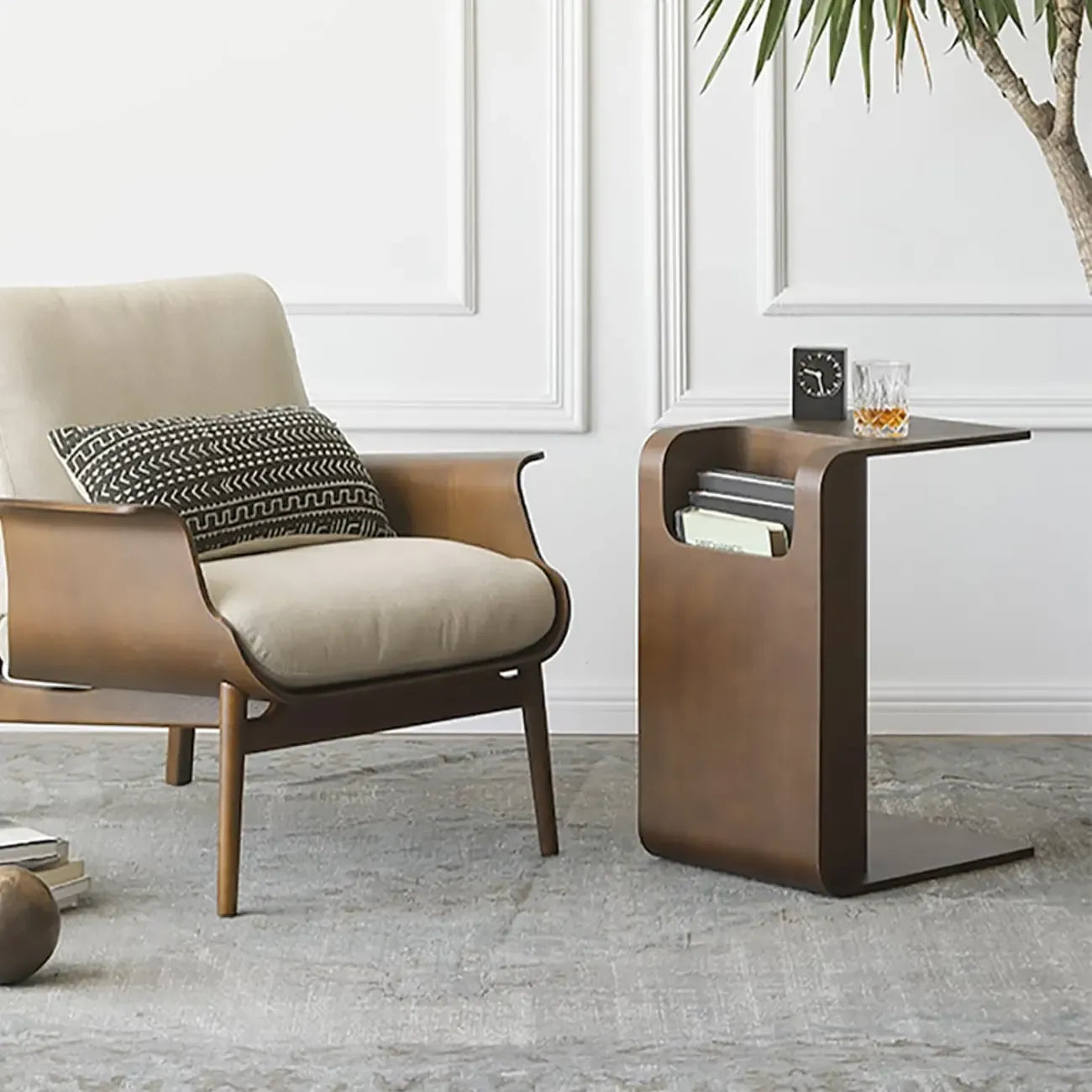 Convertible C-Shaped Walnut Wood Side Table with Storage