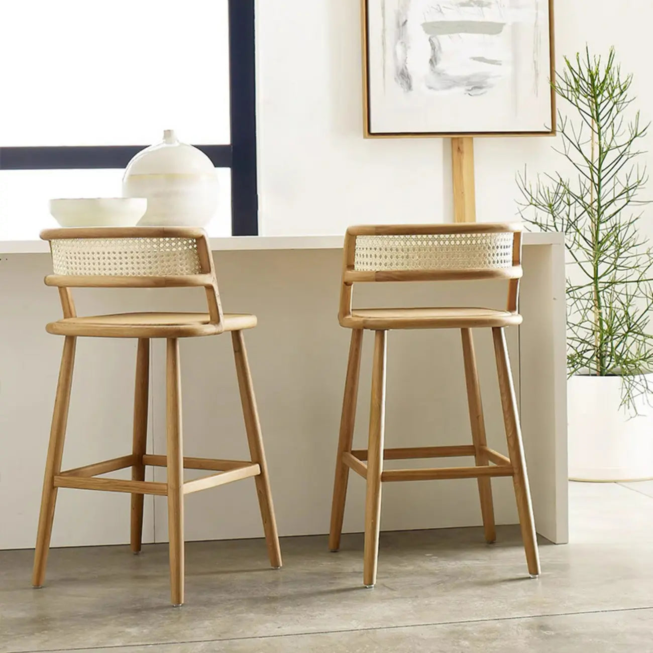 Rustic Wood High-Back Comfort Rectangle Oak Rattan Bar Stool
