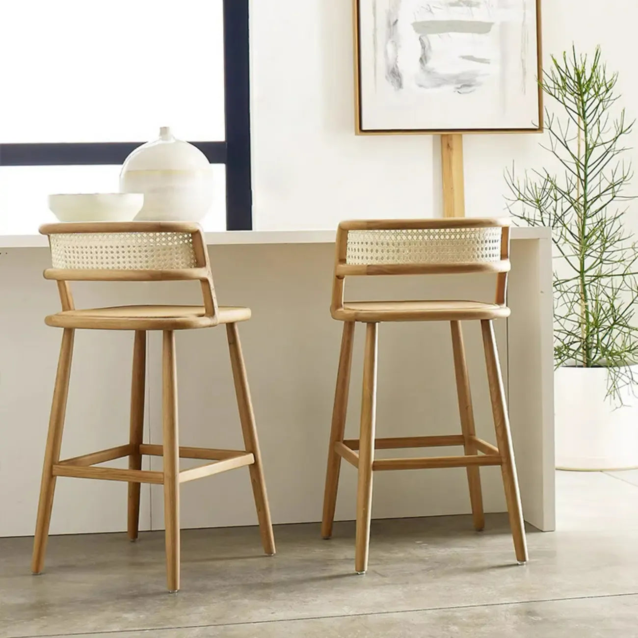 Rustic Wood High-Back Comfort Rectangle Oak Rattan Bar Stool