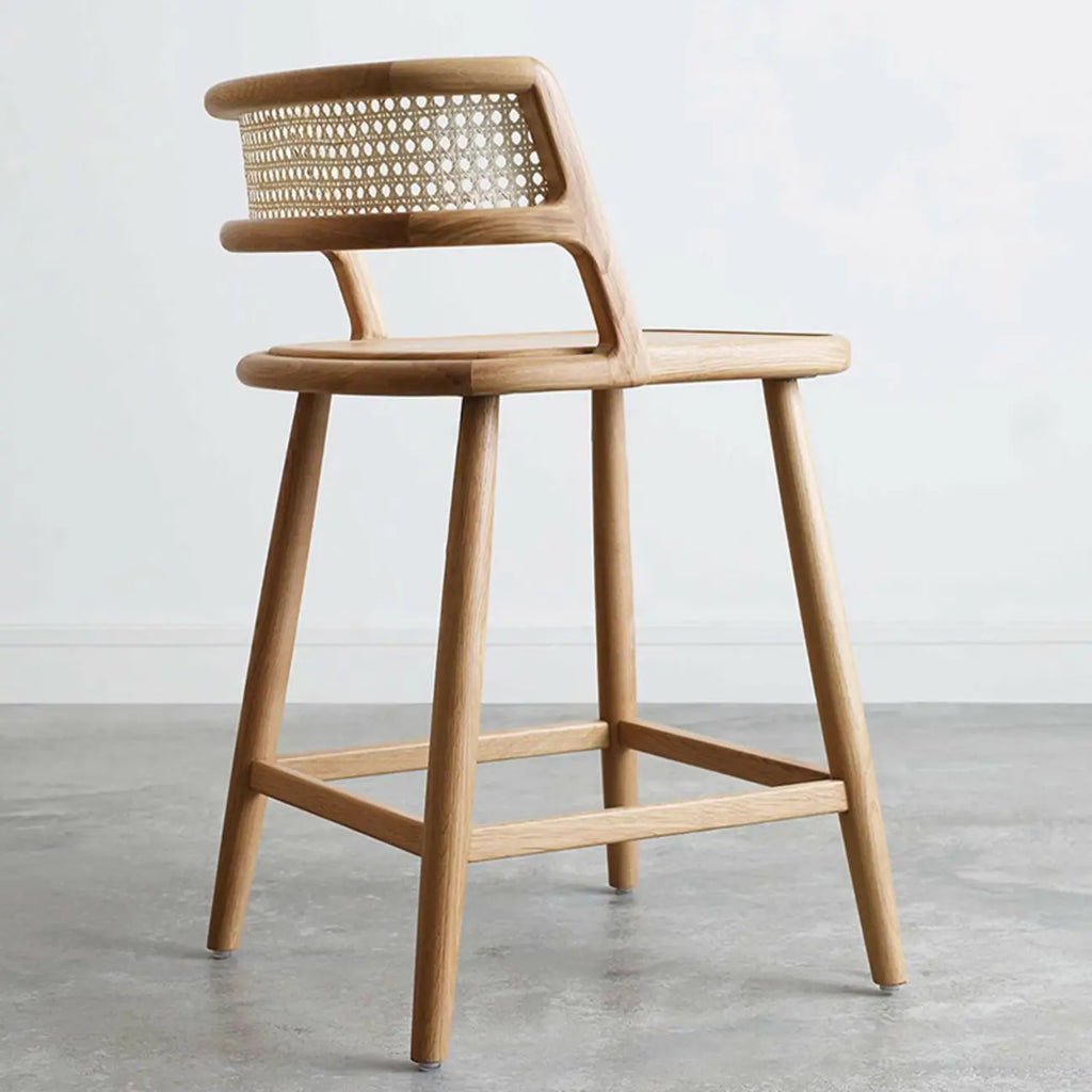 Rustic Wood High-Back Comfort Rectangle Oak Rattan Bar Stool
