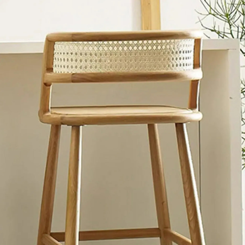 Rustic Wood High-Back Comfort Rectangle Oak Rattan Bar Stool