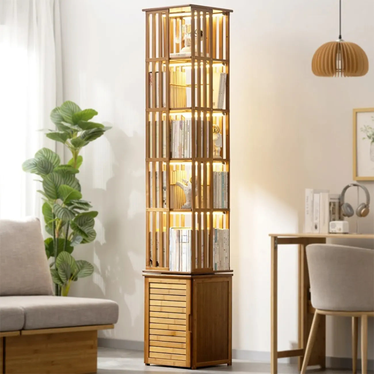 Brown Square Wooden Narrow Storage Corner Bookcase