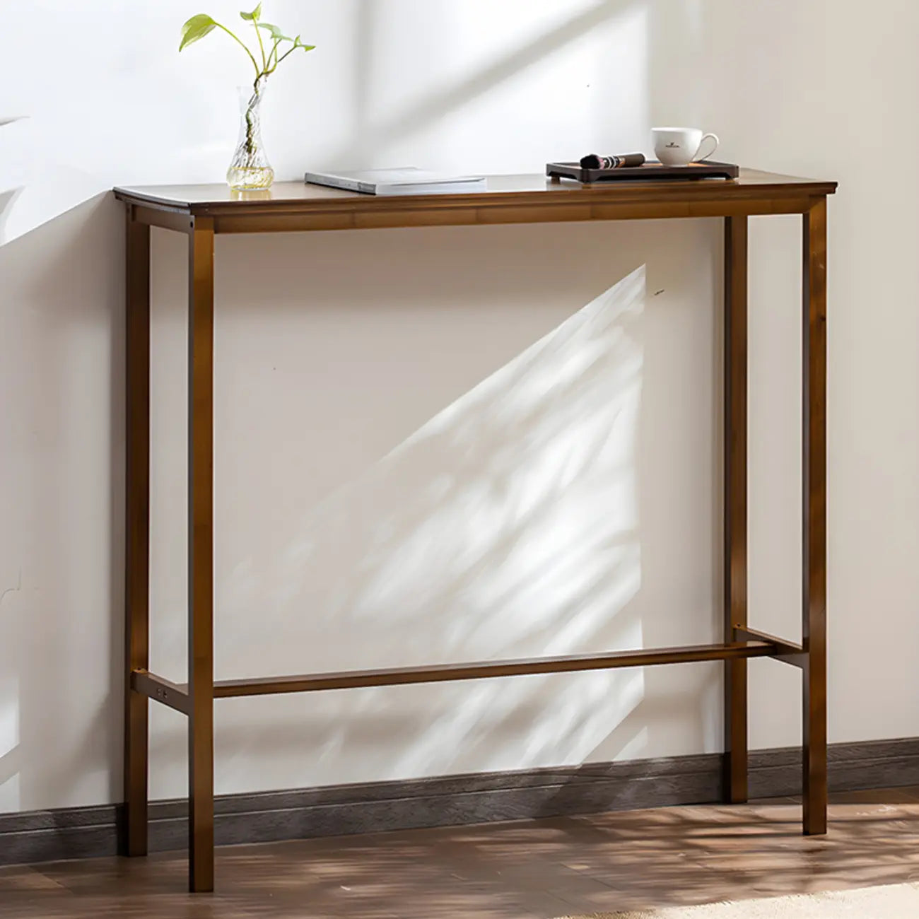 Modern Natural Finish Wooden Fixed Top Footrest Bar Tables