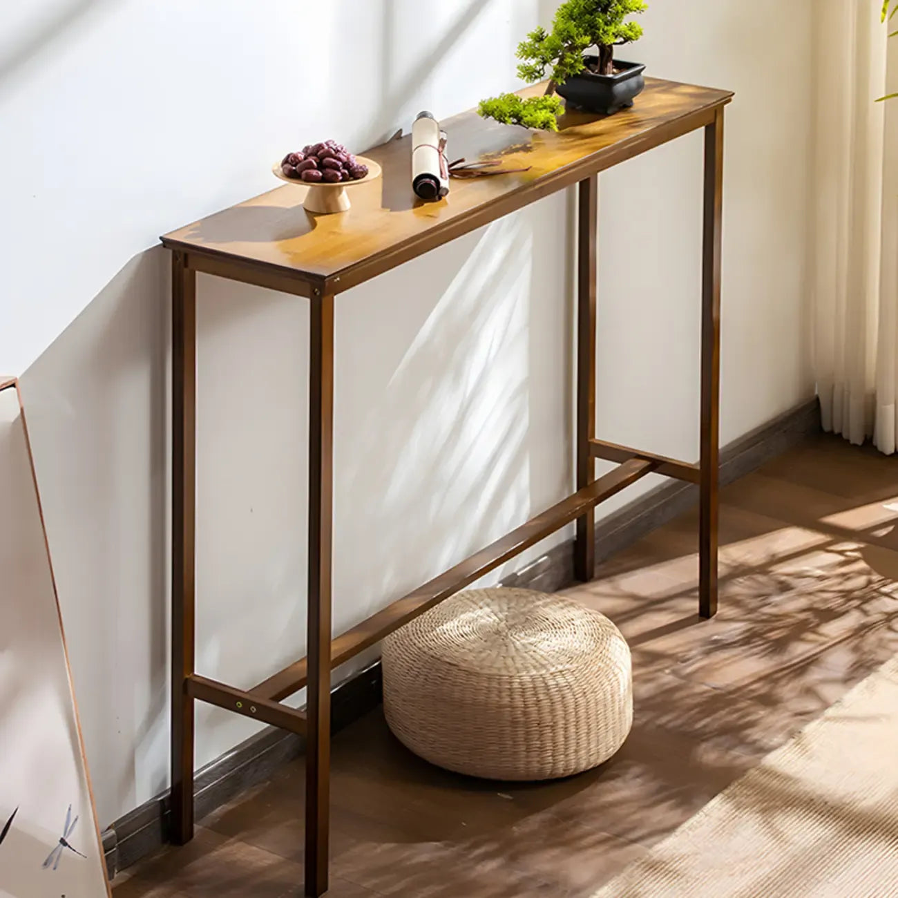 Modern Natural Finish Wooden Fixed Top Footrest Bar Tables