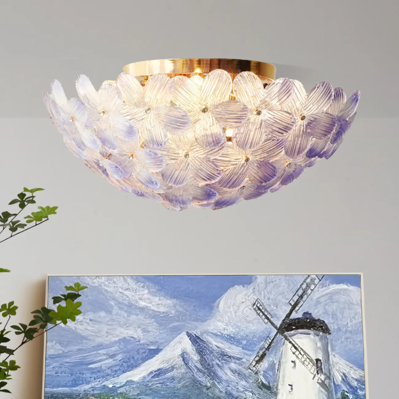 Elegant Floral Glass Dome Semi Flush Ceiling Light