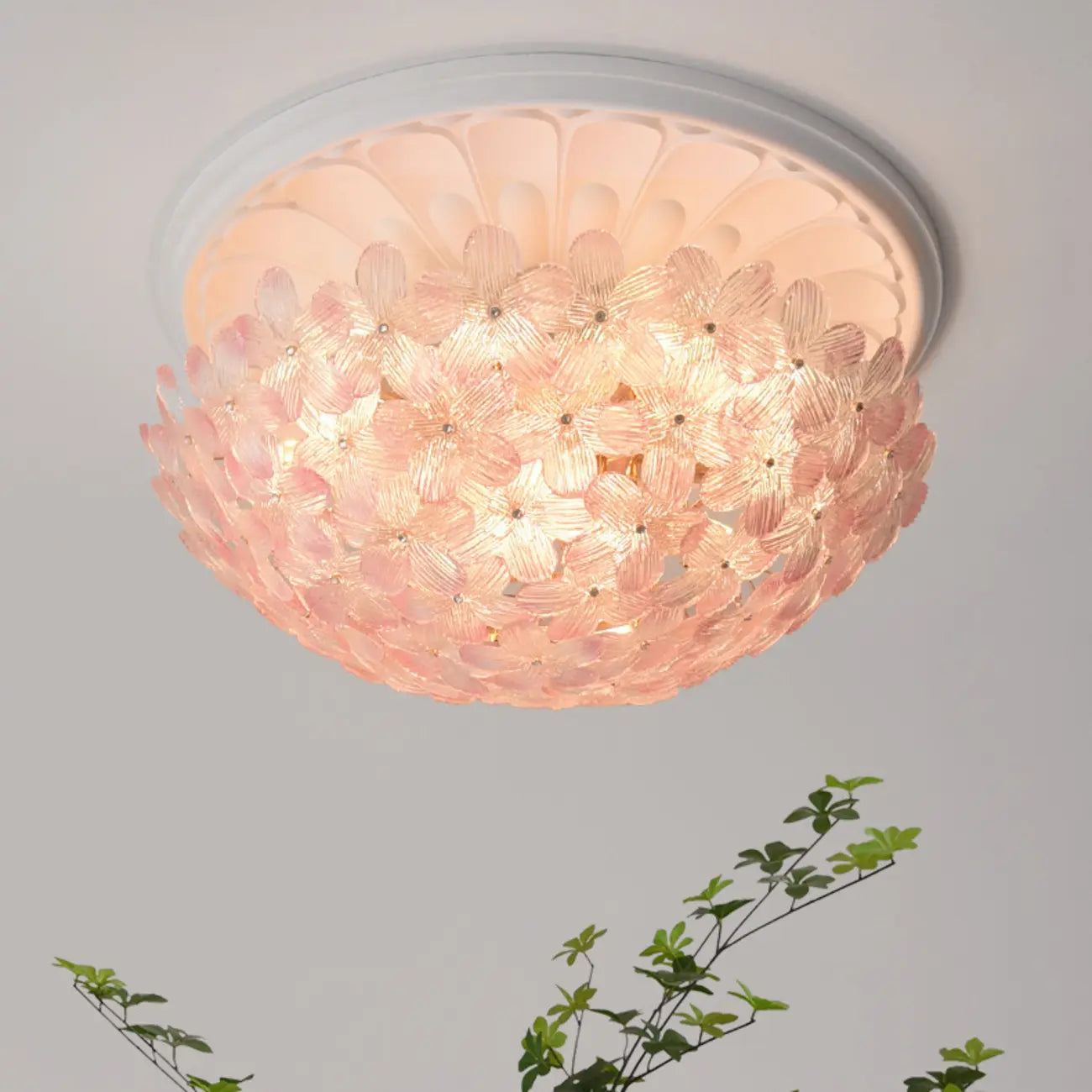 Elegant Floral Glass Dome Semi Flush Ceiling Light