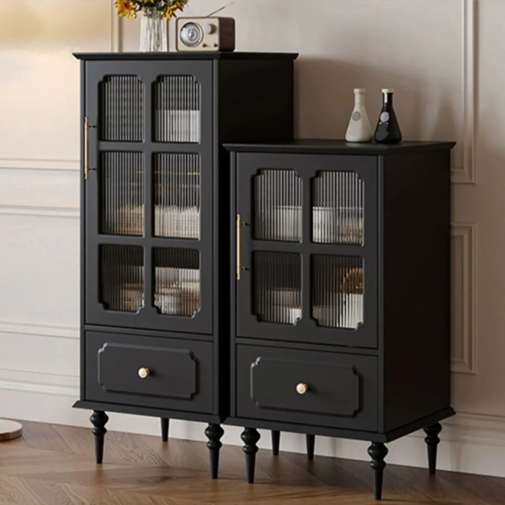 Classic Black Wooden Ribbed Glass Pane Storage Cabinet