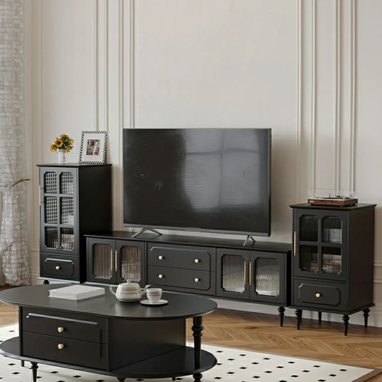 Classic Black Wooden Ribbed Glass Pane Storage Cabinet