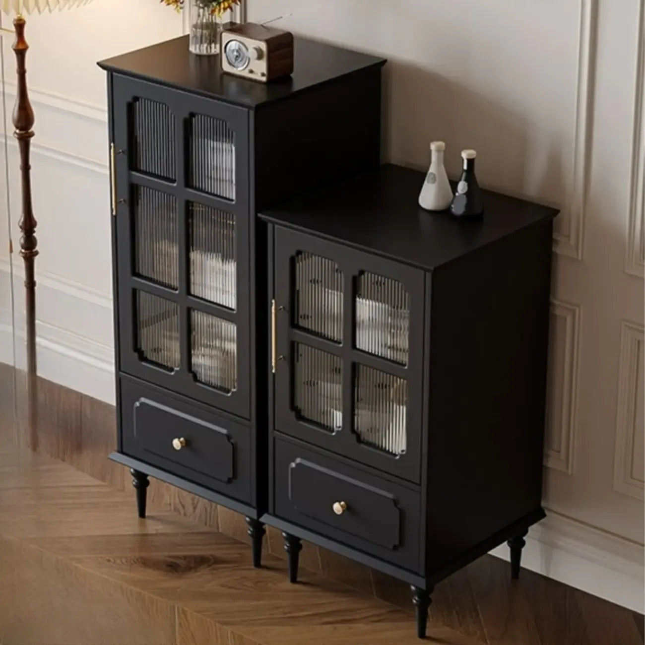 Classic Black Wooden Ribbed Glass Pane Storage Cabinet