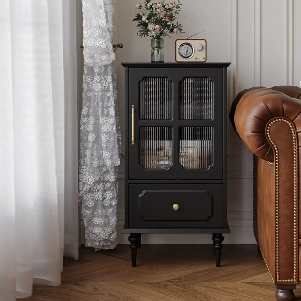 Classic Black Wooden Ribbed Glass Pane Storage Cabinet