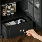 Classic Black Wooden Ribbed Glass Pane Storage Cabinet
