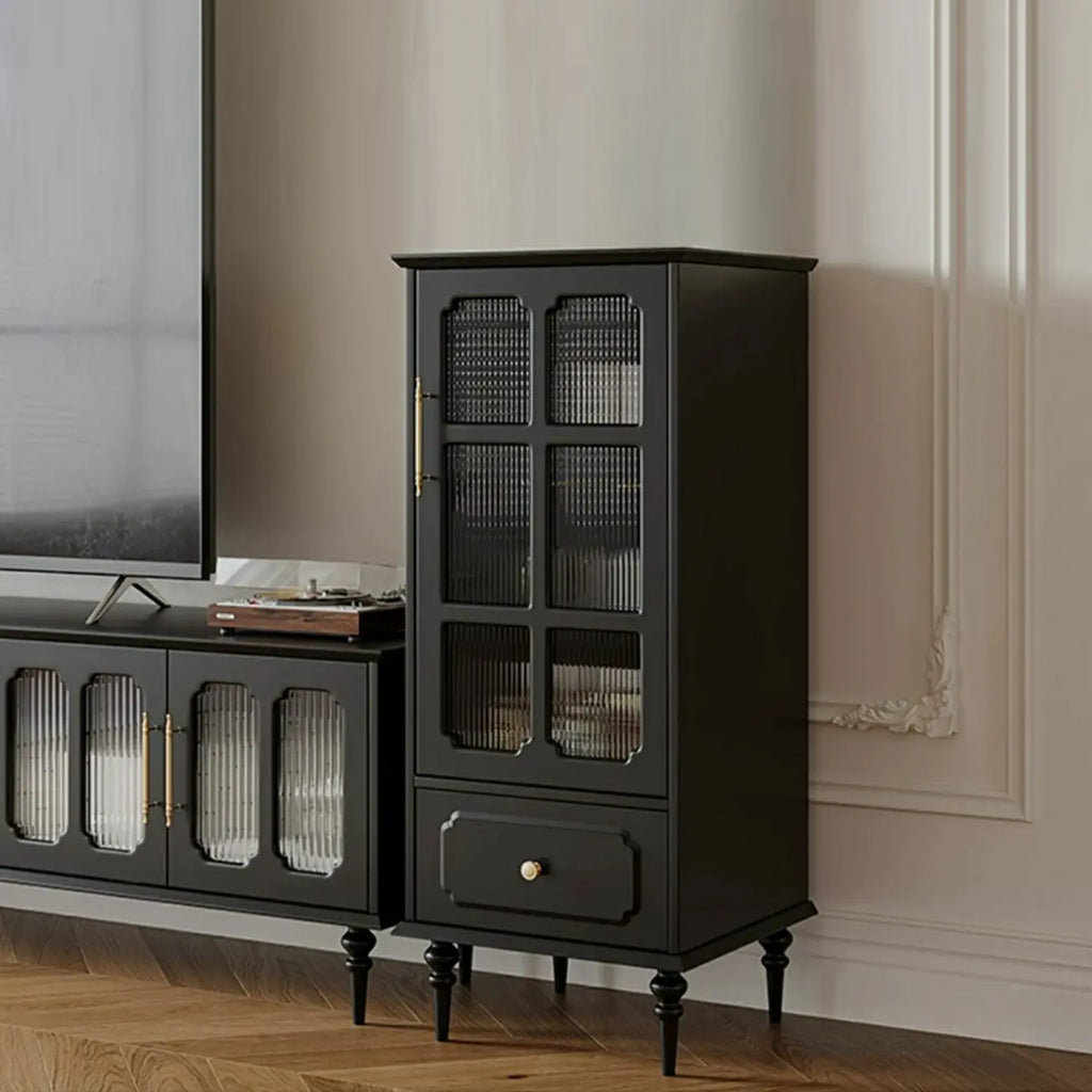 Classic Black Wooden Ribbed Glass Pane Storage Cabinet