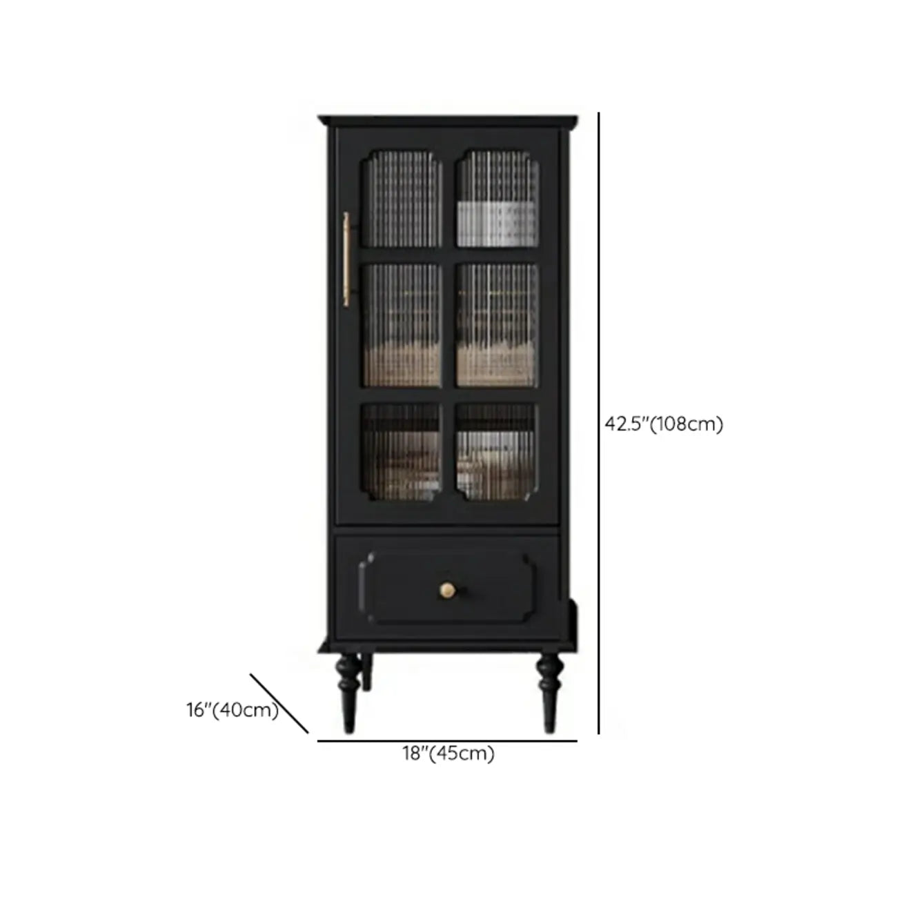 Classic Black Wooden Ribbed Glass Pane Storage Cabinet