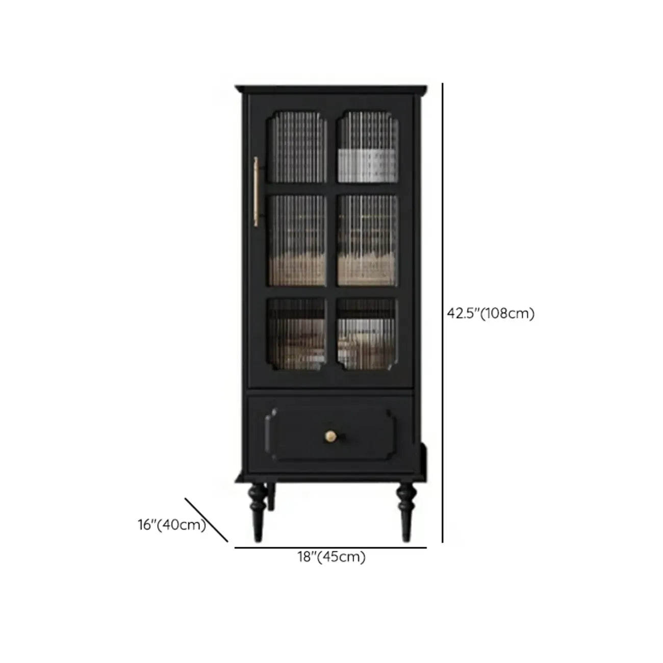 Classic Black Wooden Ribbed Glass Pane Storage Cabinet