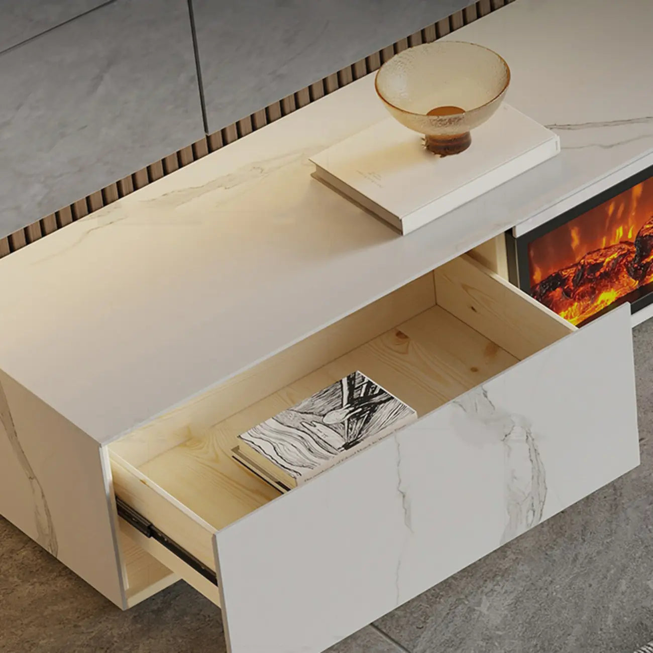 87 Rectangle Black Electric Fireplace Stone TV Stand with Light