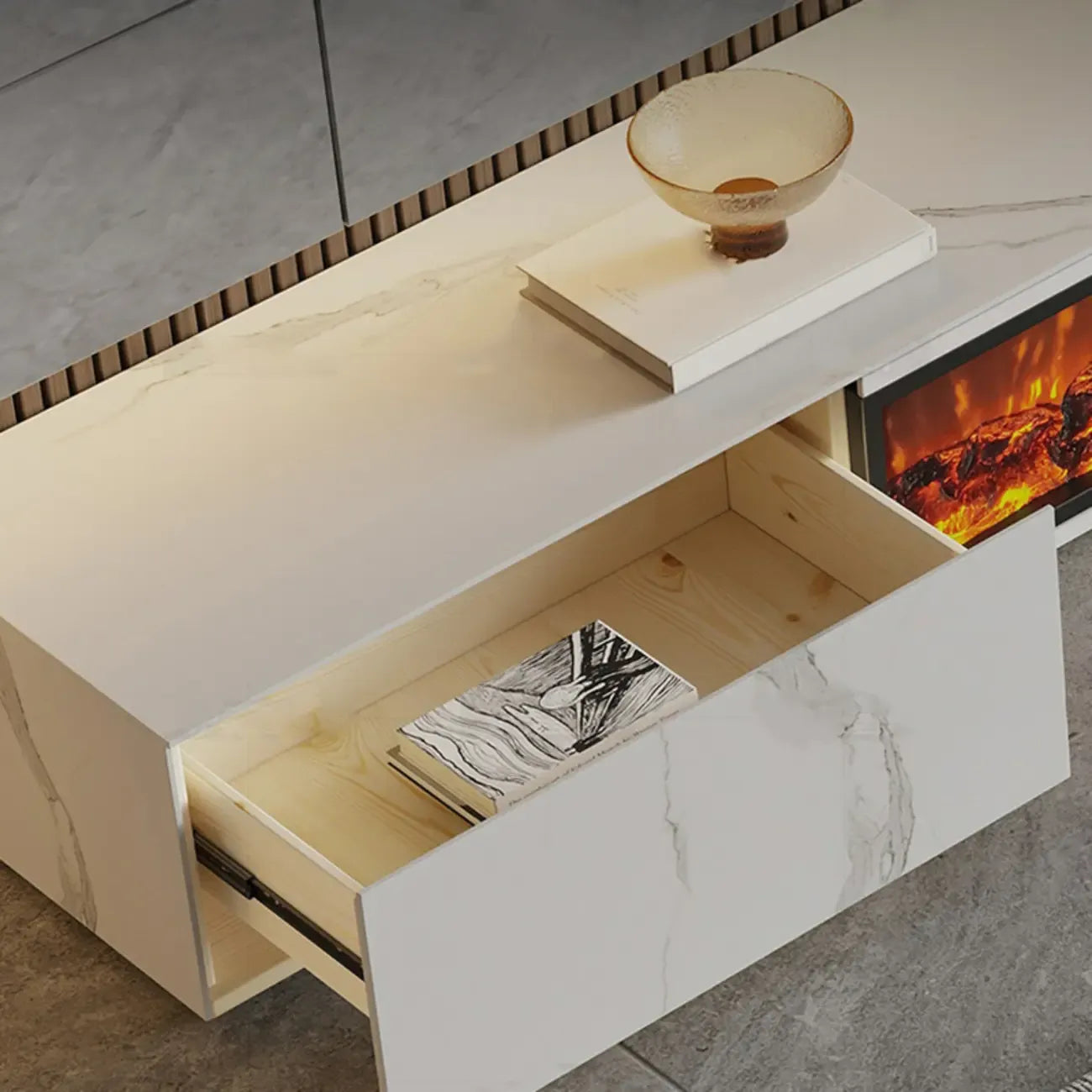 87 Rectangle Black Electric Fireplace Stone TV Stand with Light