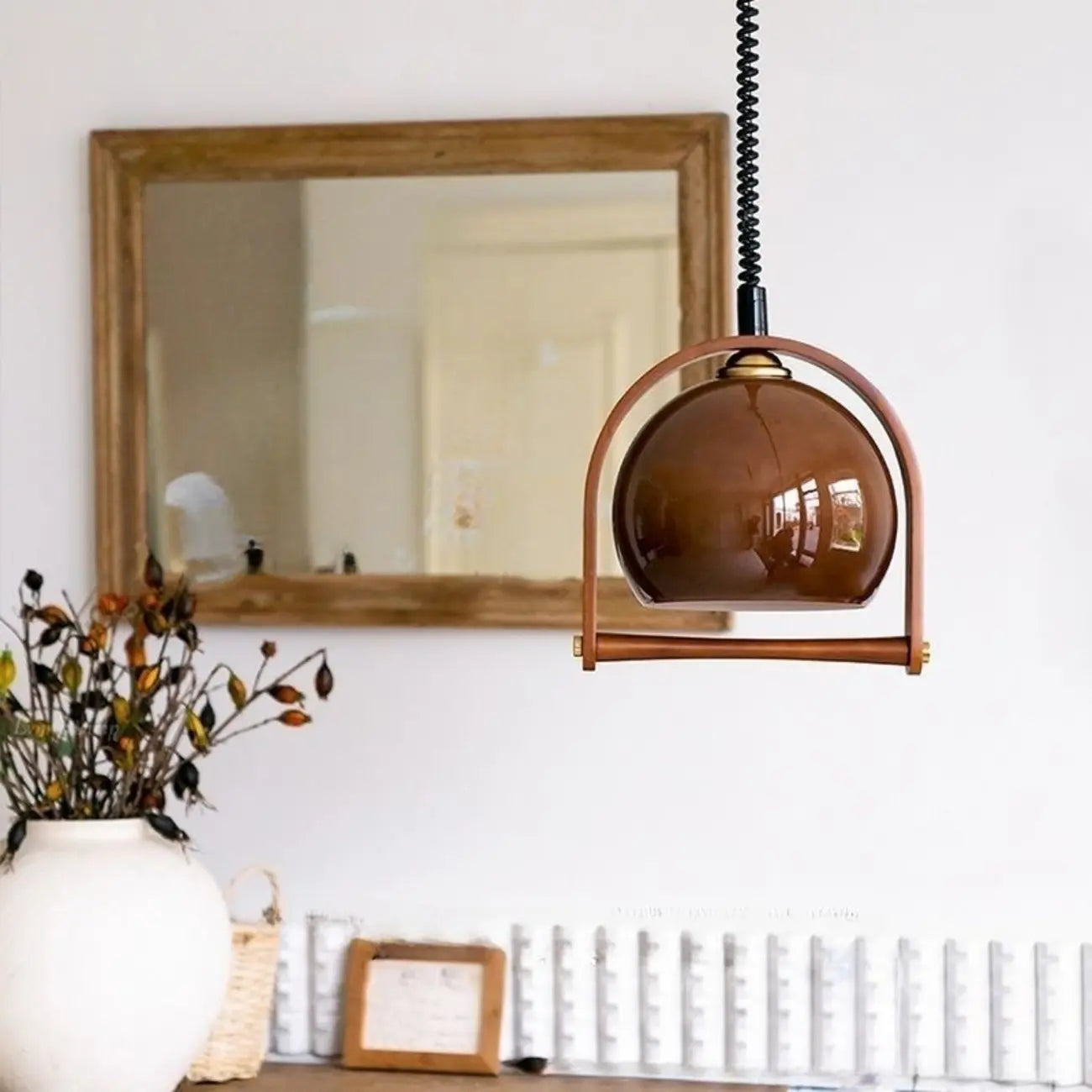 Coffee Glass Wood Dome Adjustable Pendant Light