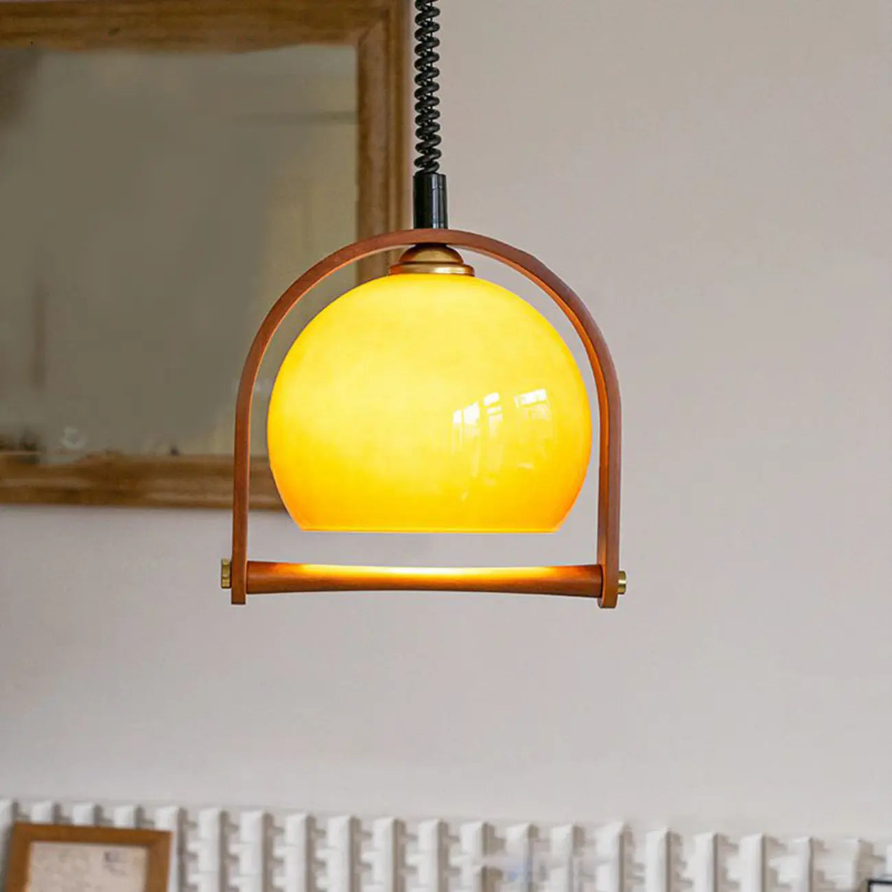 Coffee Glass Wood Dome Adjustable Pendant Light