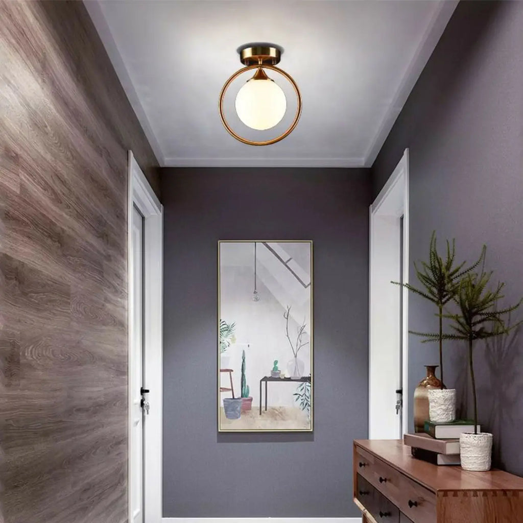 1-Light Circular Brass Glass Ball Semi Flush Ceiling Light