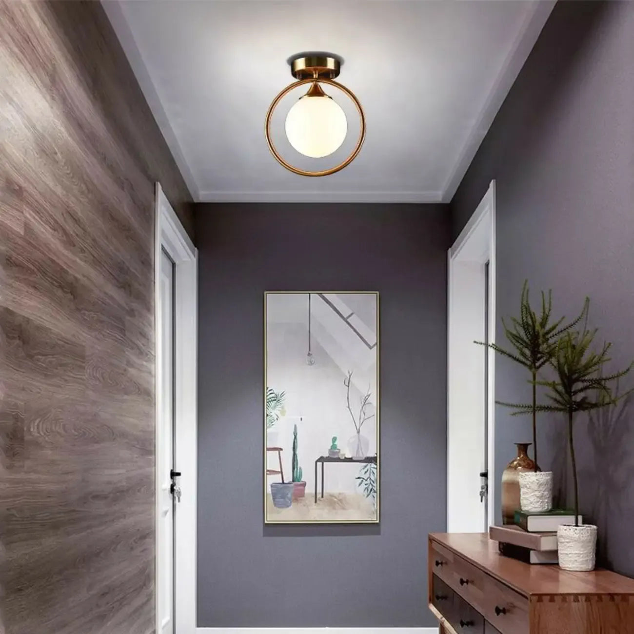 1-Light Circular Brass Glass Ball Semi Flush Ceiling Light