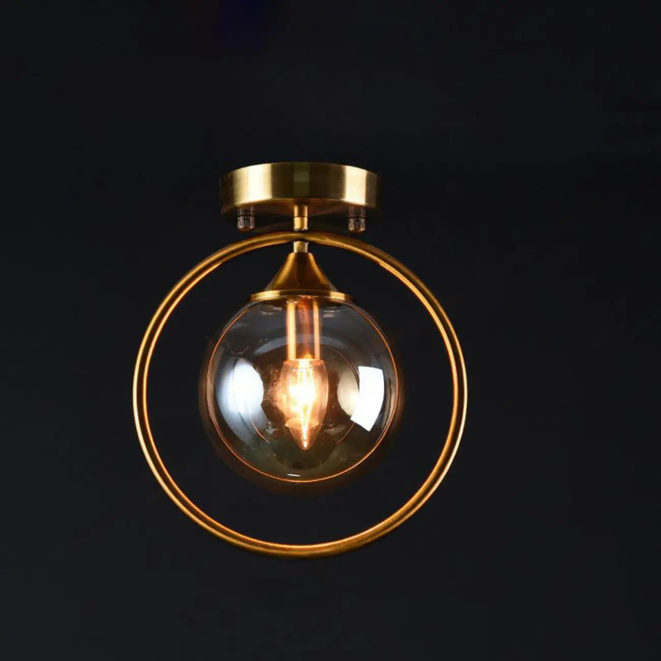 1-Light Circular Brass Glass Ball Semi Flush Ceiling Light