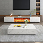 94.5 White Rectangle Stone TV Stand with Fireplace & Light