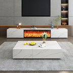 94.5 White Rectangle Stone TV Stand with Fireplace & Light