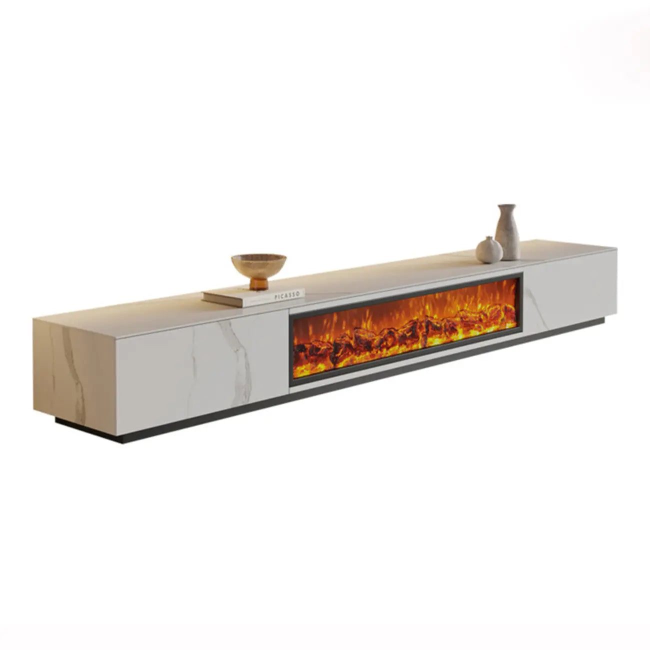 94.5 White Rectangle Stone TV Stand with Fireplace & Light
