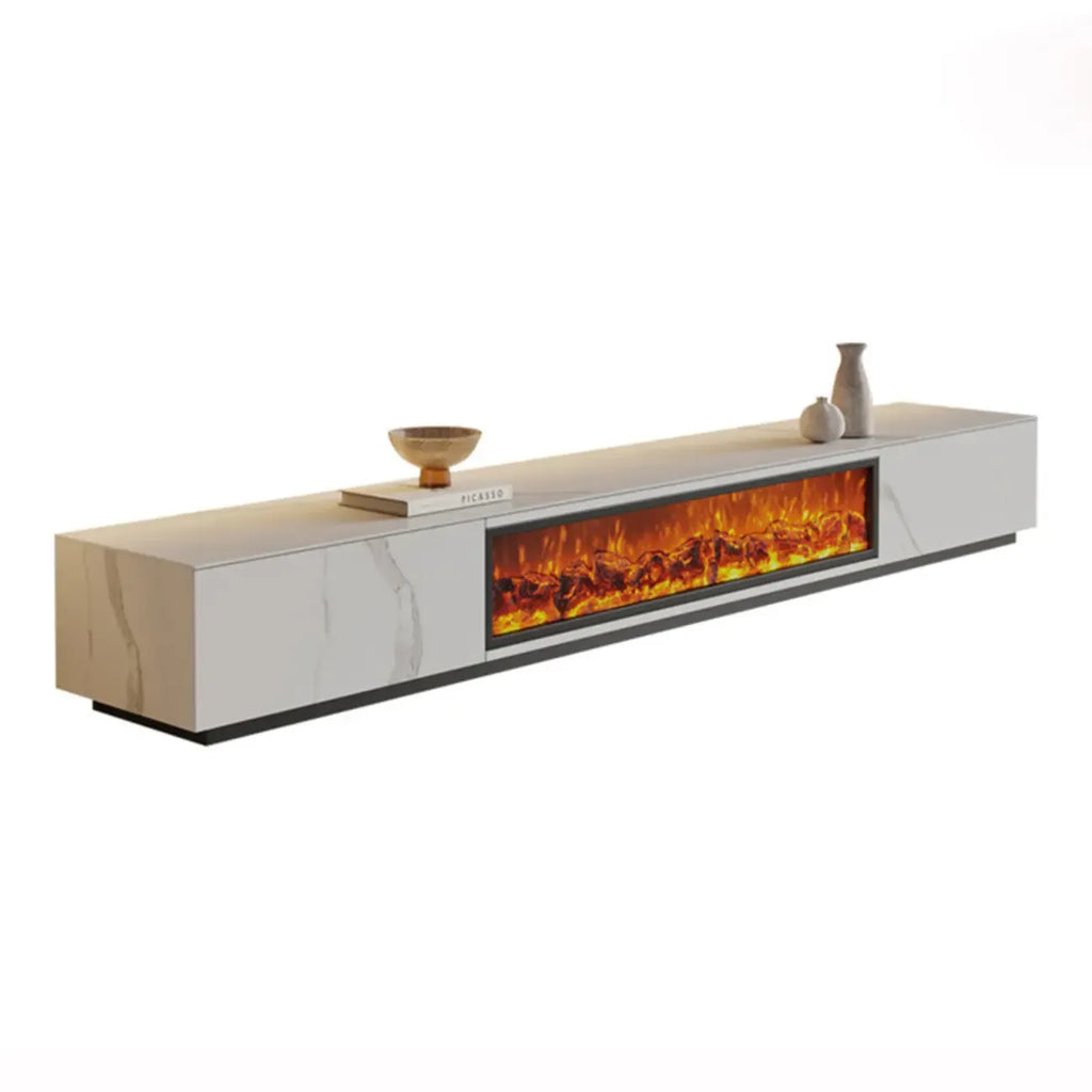 94.5 White Rectangle Stone TV Stand with Fireplace & Light